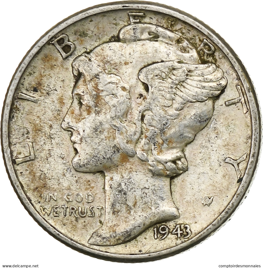 États-Unis, Dime, Mercury Dime, 1943, U.S. Mint, Argent, TTB, KM:140 - 1916-1945: Mercury (kwik)
