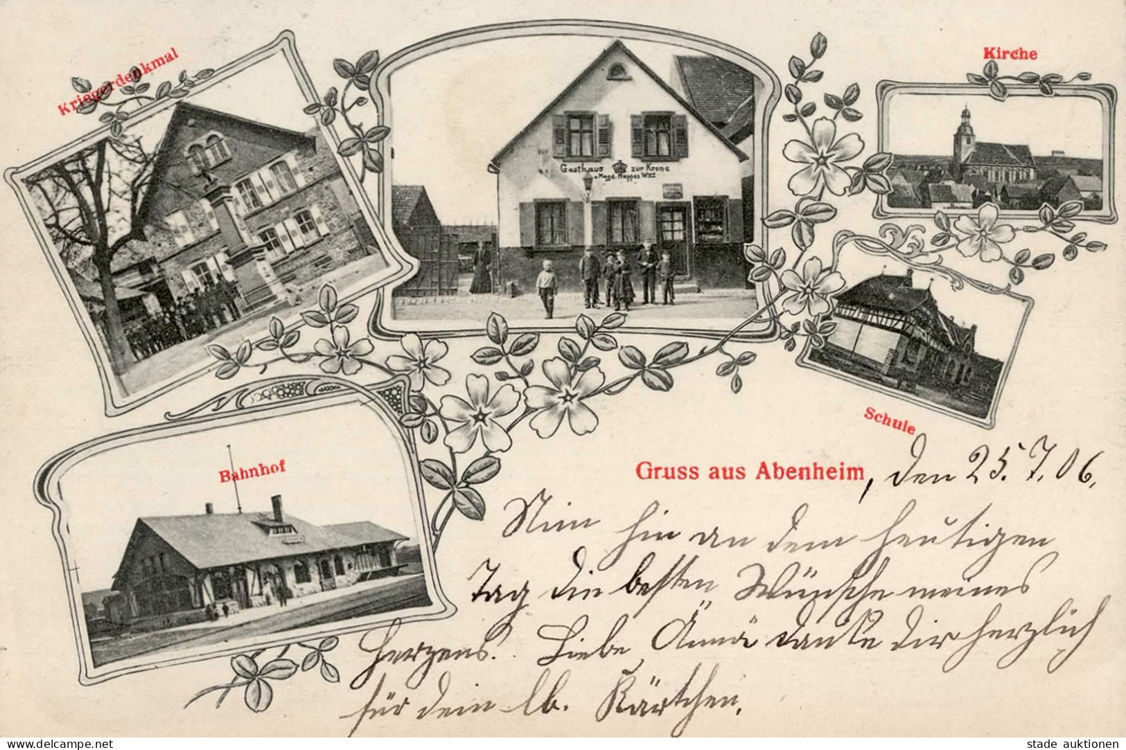 Abenheim (6520) Kriegerdenkmal Bahnhof Gasthaus Zur Krone Schule 1906 I - Sonstige & Ohne Zuordnung