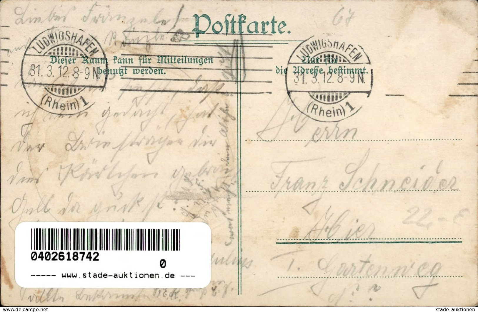 Oppau (6700) Gasthaus Ziegelhof 1912 II (Stauchung, Marke Entfernt) - Other & Unclassified
