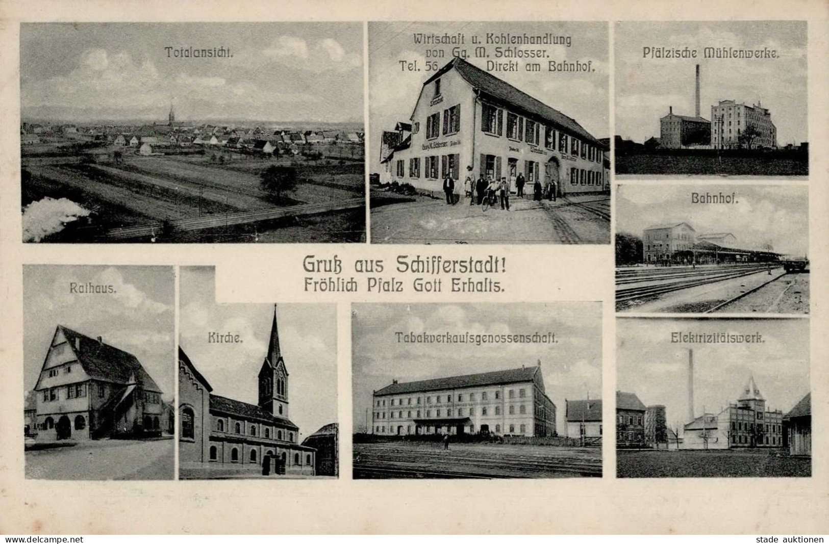 Schifferstadt (6707) Gasthaus Und Kohlenhandlung Schlosser Rathaus Bahnhof 1916 I- - Other & Unclassified