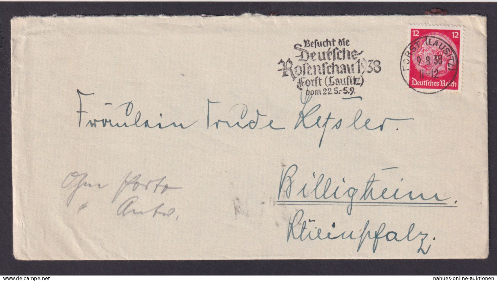 Deutsches Reich Brief Forst Lausitz Selt. SST Deutsche Rosenschau Rilligheim - Storia Postale