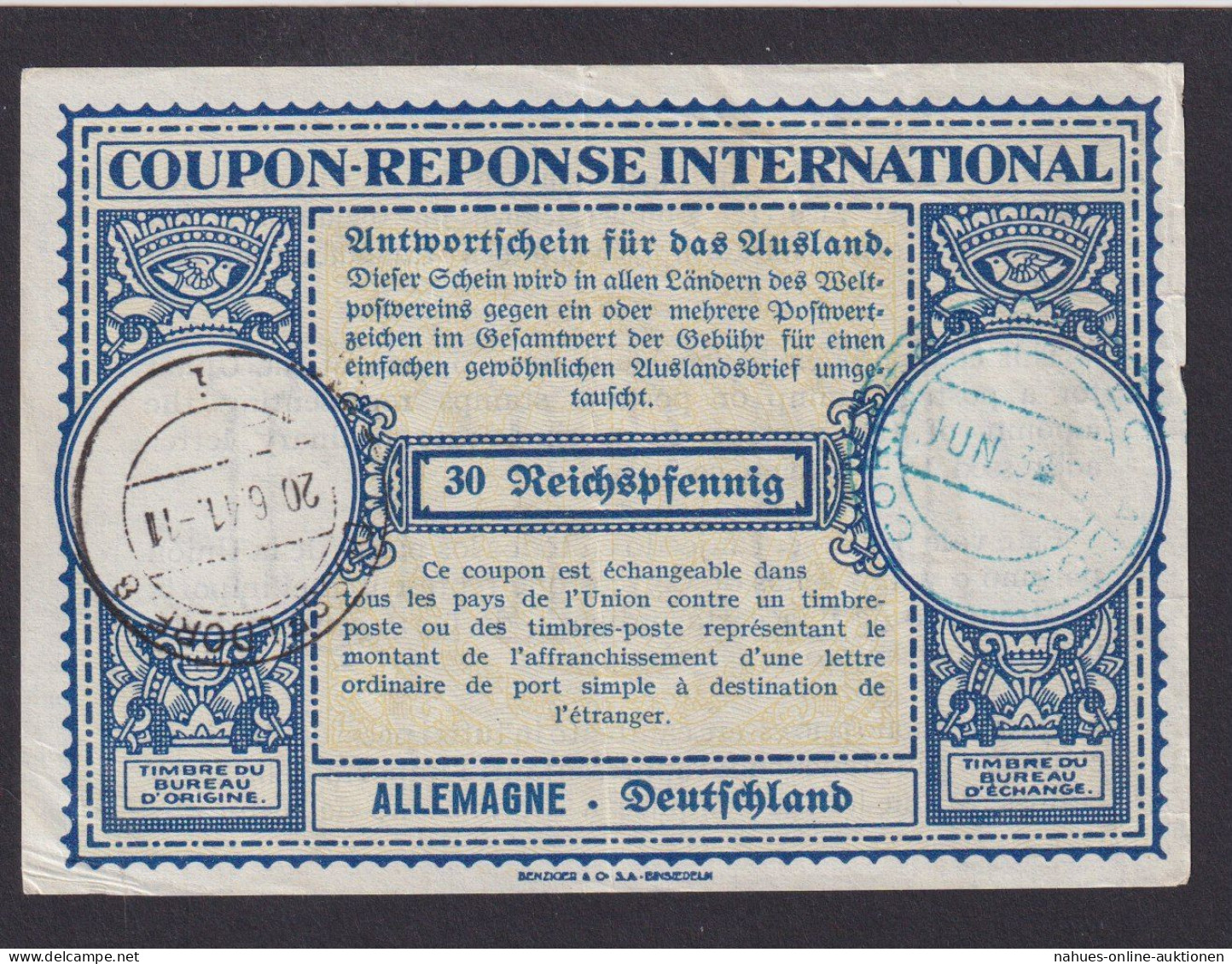 Düsseldorf Int. Antwortschein Deutsches Reich 30 Reichspfennig - Storia Postale