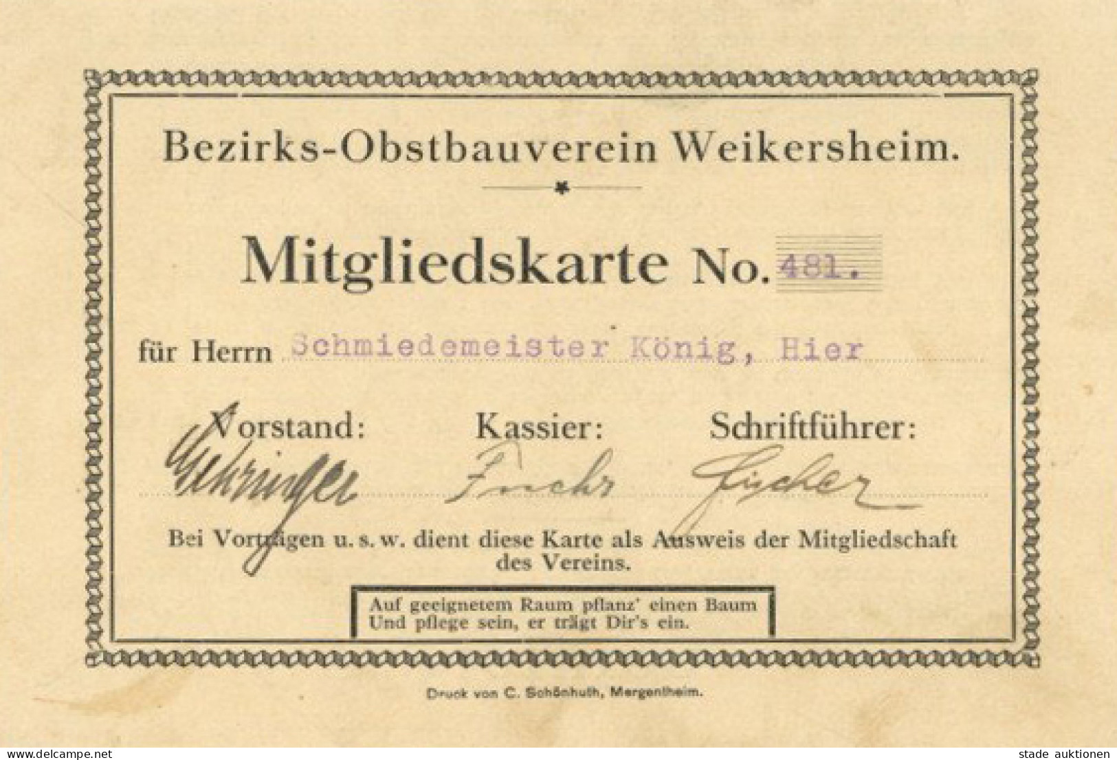 Weikersheim (6992) Mitgliedskarte Des Bezirks-Obstbauvereins Weikersheim I (keine AK-Einteilung) - Andere & Zonder Classificatie