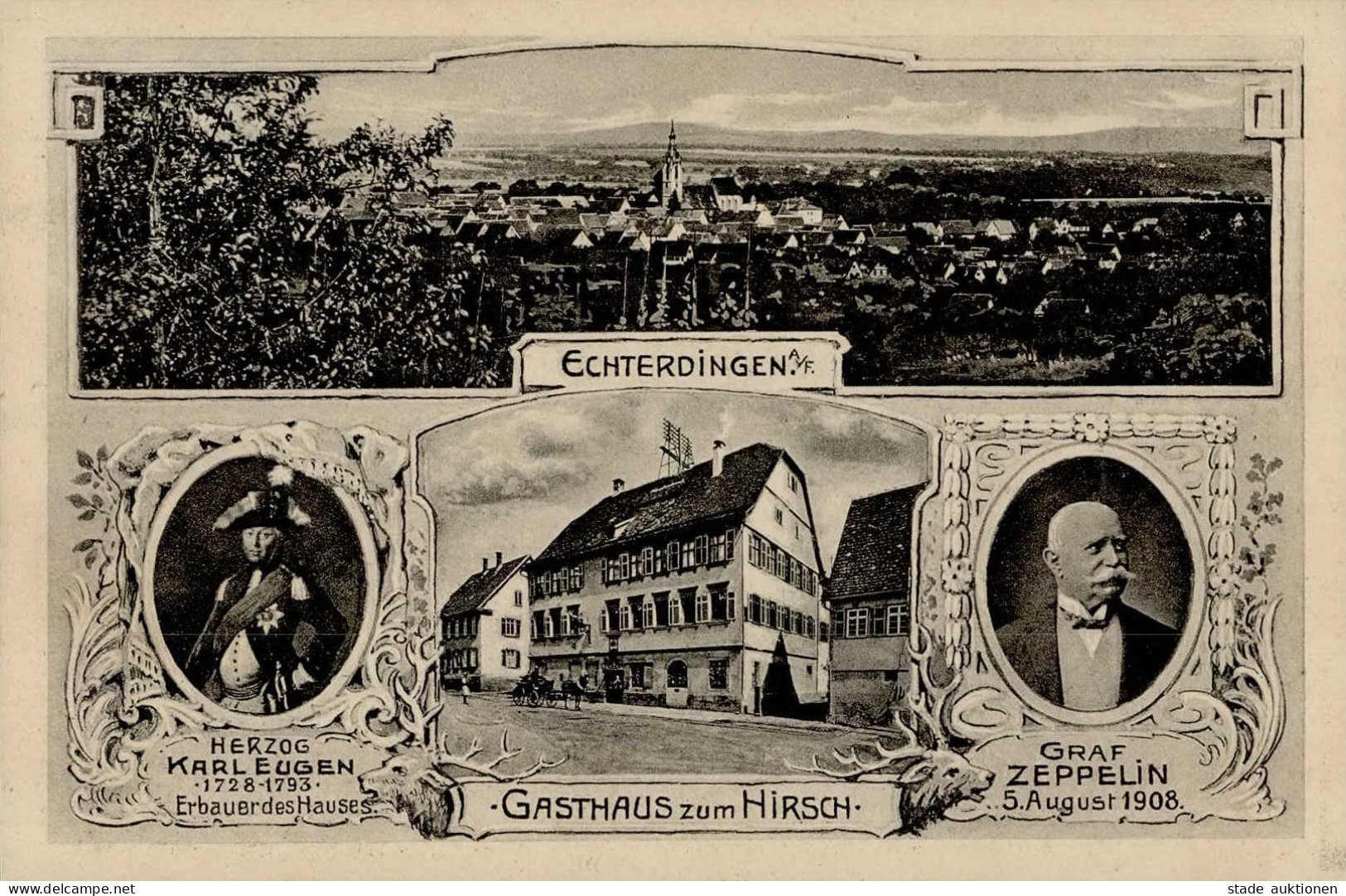 Echterdingen (7022) Gasthaus Zum Hirsch Herzog Karl Eugen Graf Zeppelin I- (RS Fleckig) Dirigeable - Autres & Non Classés