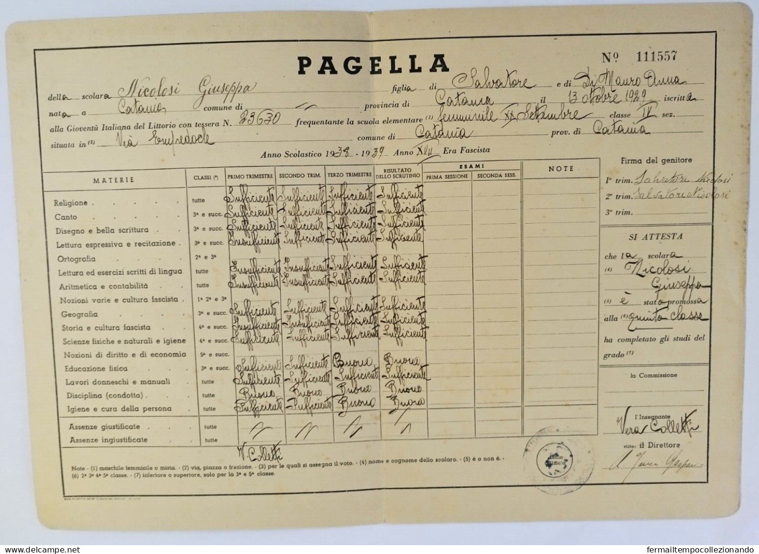 Bp140 Pagella Fascista Regno D'italia Gioventu' Del Littorio Catania 1938 - Diploma & School Reports