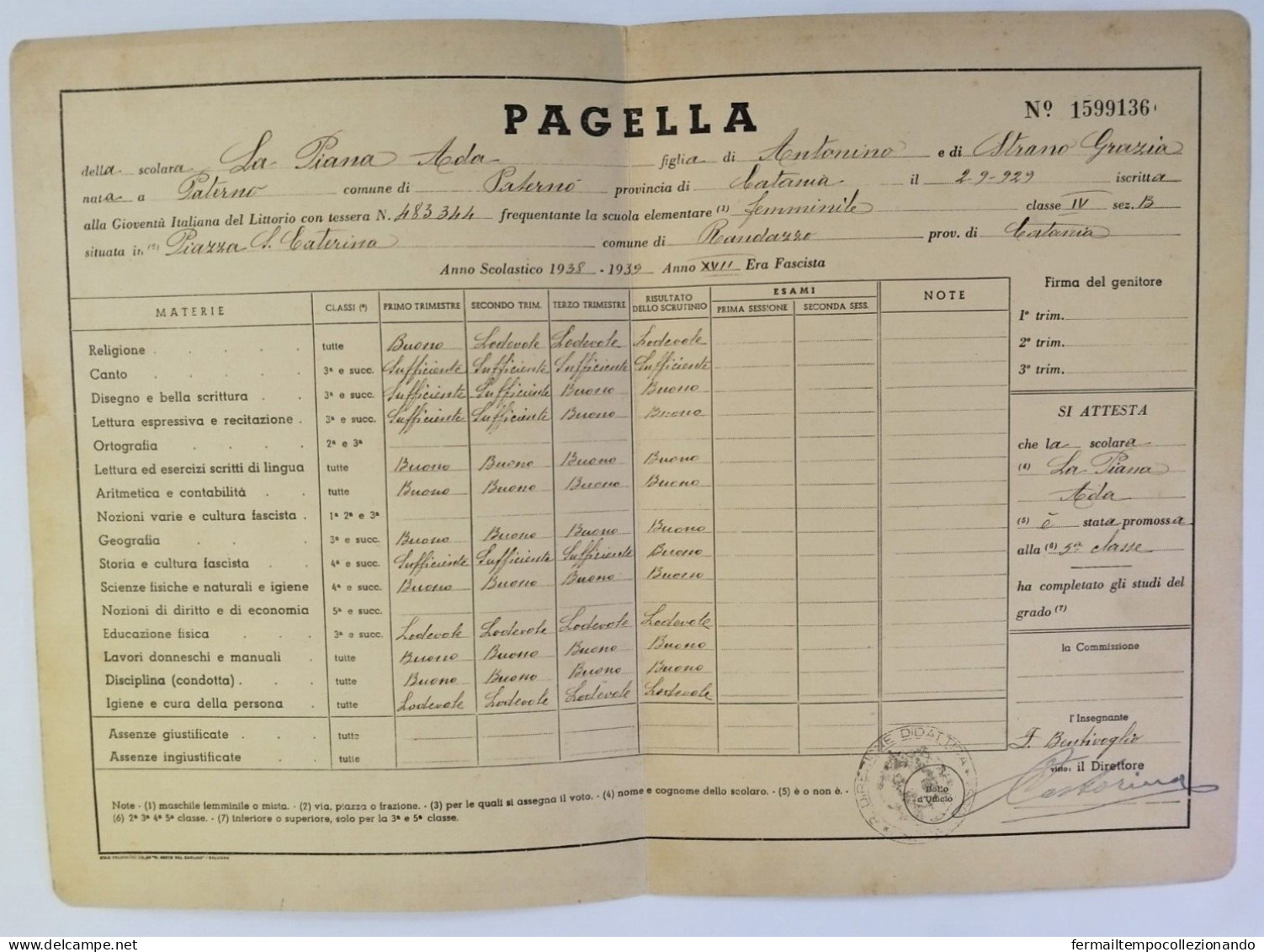 Bp142 Pagella Fascista Regno D'italia Gioventu'del Littorio Randazzo Catania - Diploma & School Reports