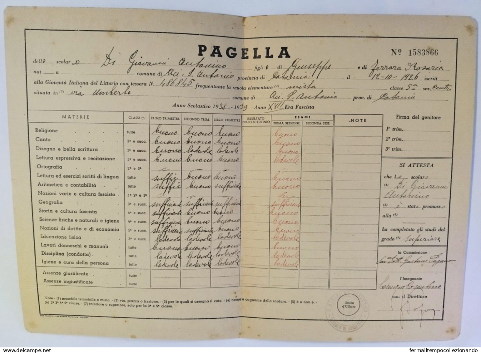 Bp141 Pagella Fascista Regno D'italiagioventu'del Littorio Aci S.antonio Catania - Diploma & School Reports