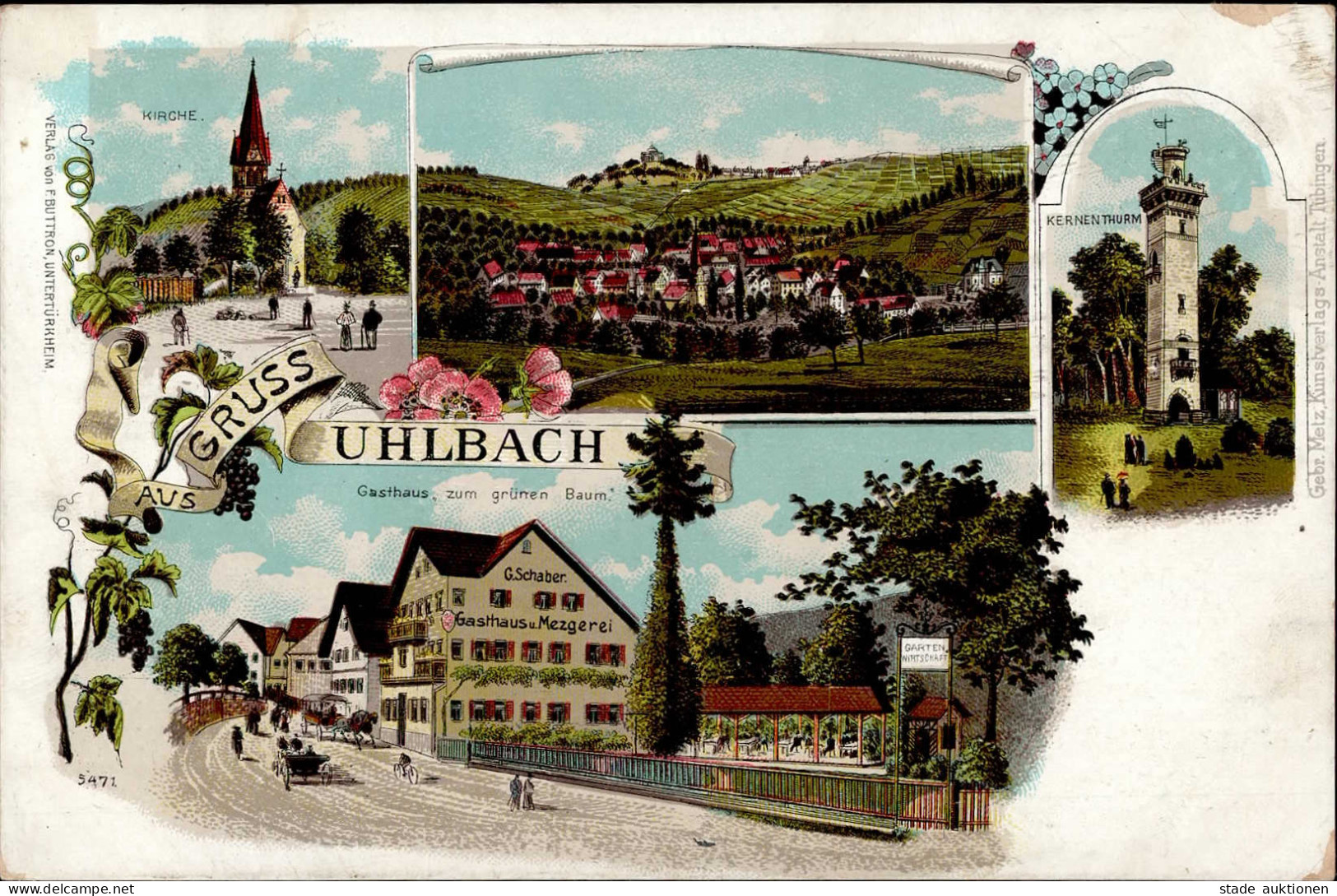 Uhlbach (7000) Kirche Gasthaus Zum Grünen Baum Kernenturm Gasthaus Und Metzgerei 1909 I-II (Ecken Gestaucht, Fleckig, Ra - Stuttgart