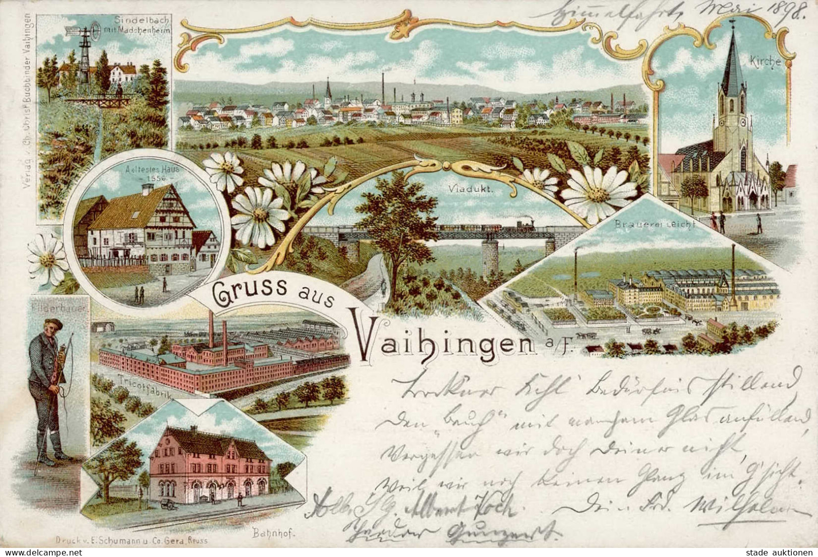 Vaihingen (7000) Kirche Tricotfabrik Bahnhof Brauerei Viadukt Eisenbahn 1898 I-II (fleckig) Chemin De Fer - Stuttgart