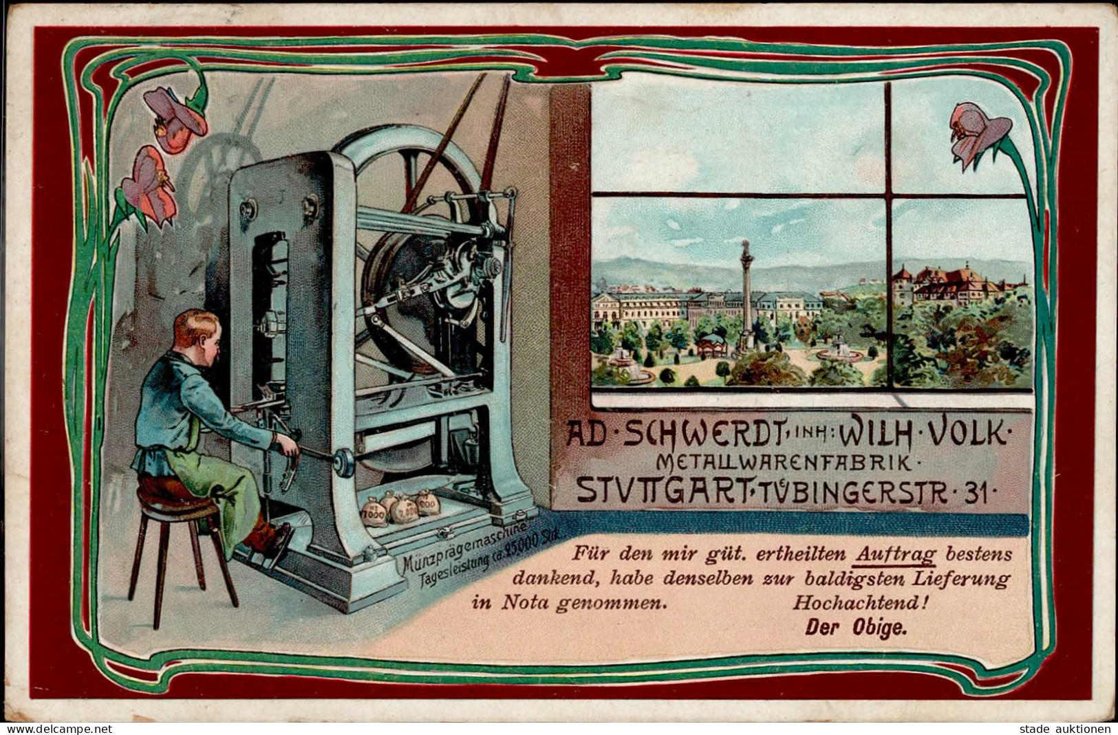 Stuttgart (7000) Werbe-AK Metallwarenfabrik Schwerdt Inh. Volk, Wilh.1902 I-II - Stuttgart