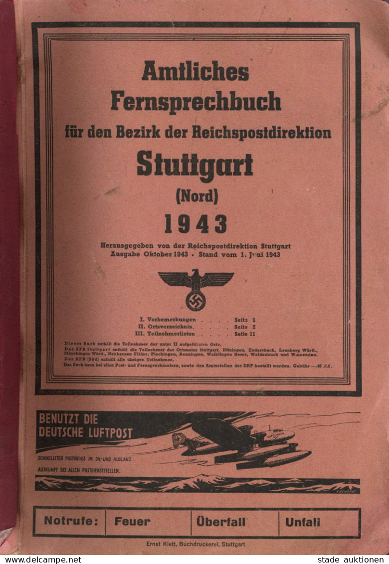 Stuttgart (7000) WK II Amtliches Fernsprechbuch Stuttgart Nord 1943, 344 S. II (Gebrauchsspuren) - Stuttgart