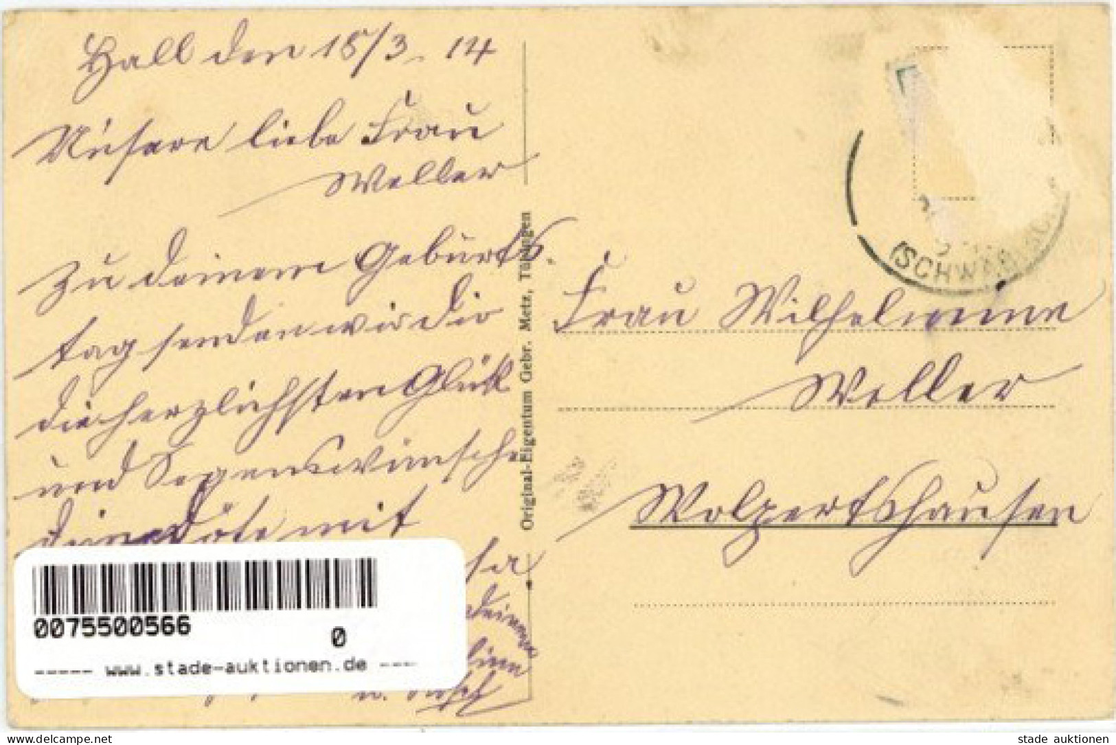 Schwäbisch Hall (7170) Lyceum Und Realanstalt 1914 II (Stauchung, Marke Entfernt) - Other & Unclassified