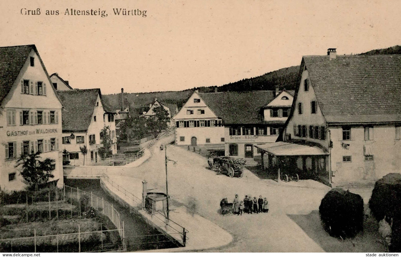 Altensteig (7272) Gasthaus Zum Waldhorn Gerberei Dorfplatz Mit Anwohnern 1917 I- - Andere & Zonder Classificatie