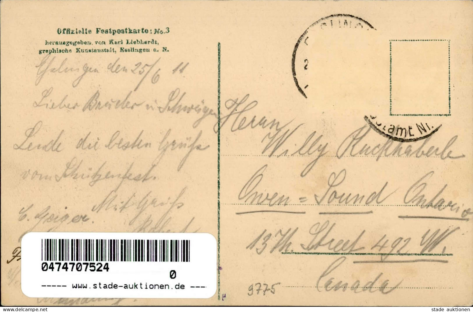 Esslingen (7300) 24. Württembergisches Landesschießen 25. Bis 28. Juni 1911 I (Marke Entfernt) - Esslingen