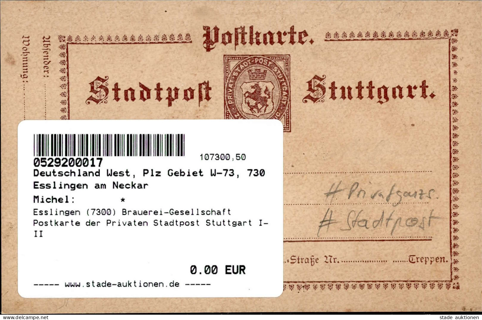 Esslingen (7300) Brauerei-Gesellschaft Postkarte Der Privaten Stadtpost Stuttgart I-II - Esslingen