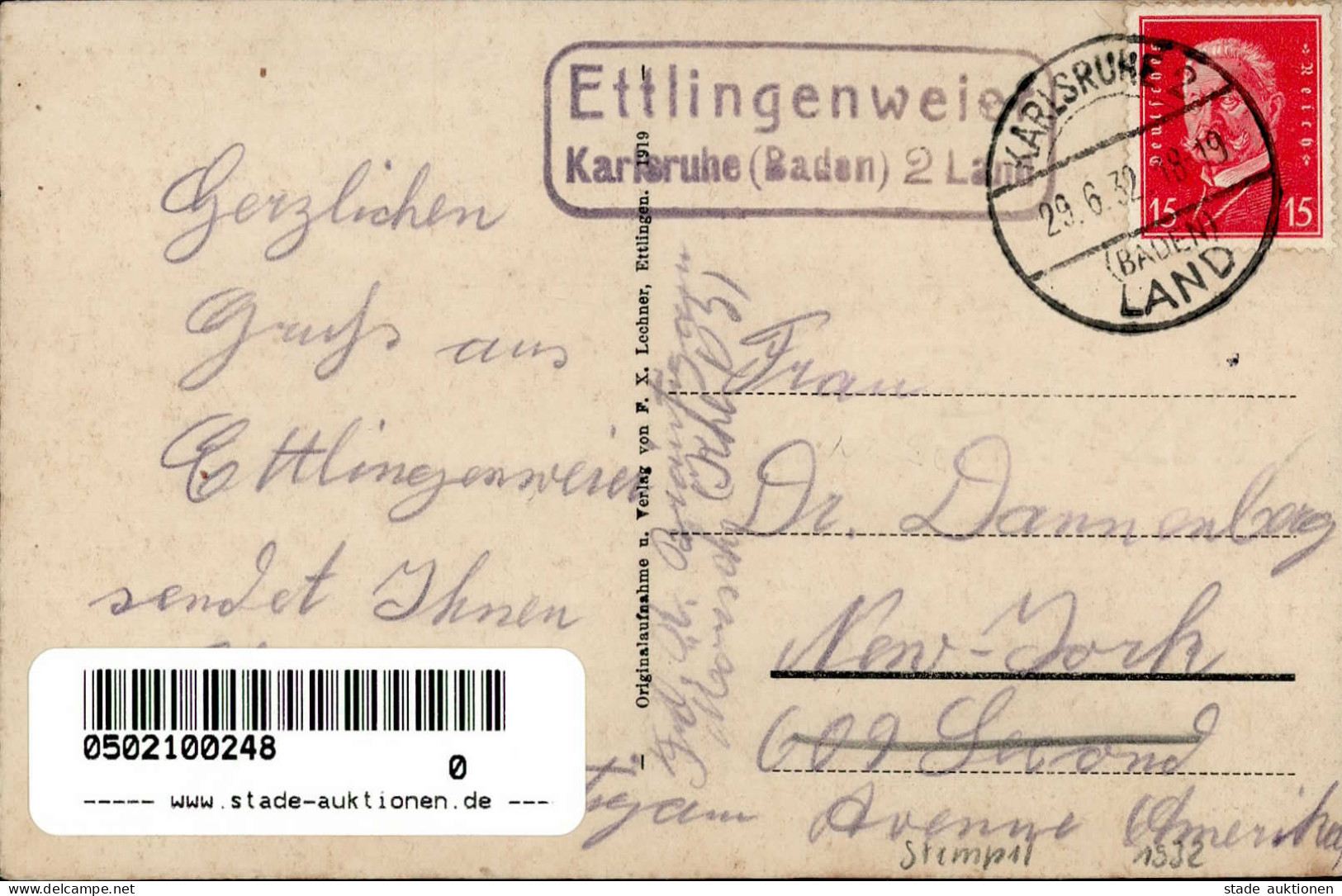 Ettlingenweier (7505) Gasthaus Zum Adler Inh. Daul 1932 I- - Ettlingen