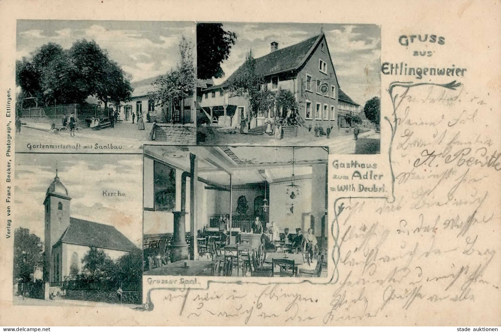 Ettlingenweier (7505) Gasthaus Zum Adler Inh. Deubel Kirche 1903 I-II - Ettlingen
