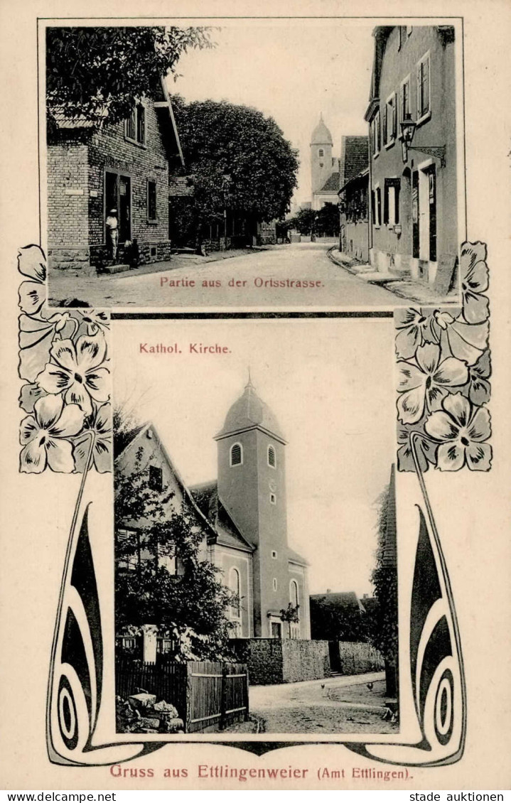 Ettlingenweier (7505) Ortsstrasse Kath. Kirche 1915 I- - Ettlingen