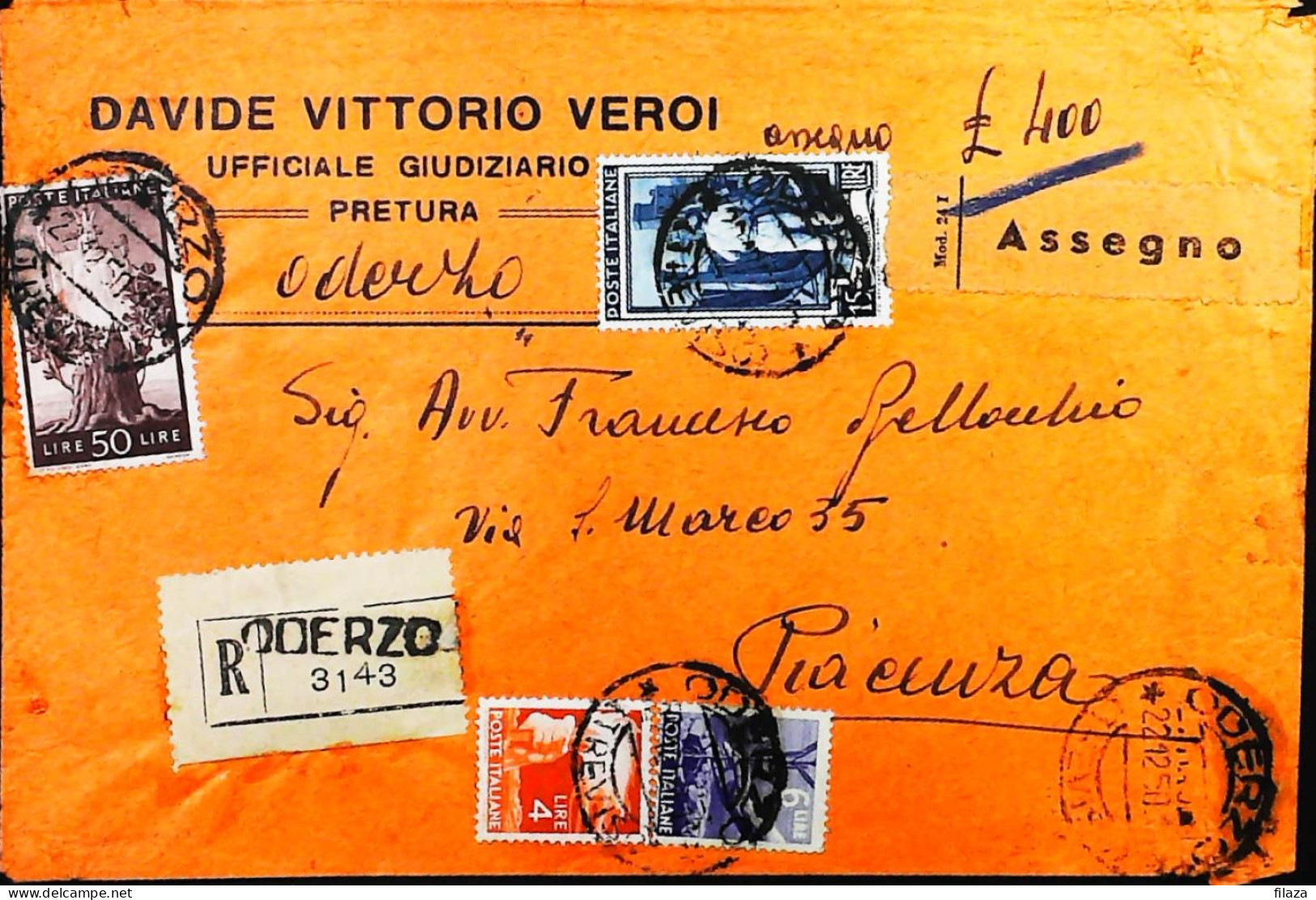 Italy - Repubblica - Democratica + Italia Al Lavoro Raccomandata Da Oderzo - S7208 - 1946-60: Poststempel