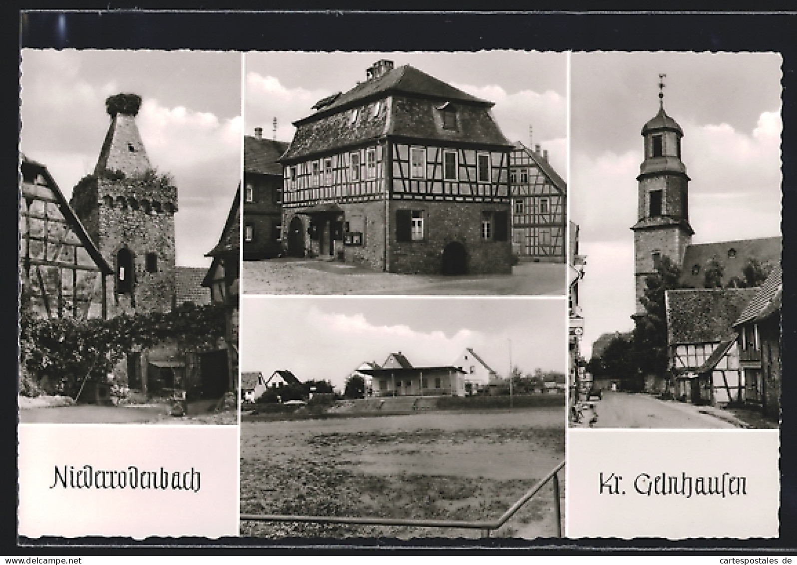 AK Niederrodenbach /Kr. Gelnhausen, Fachwerkhaus, Kirche, Ortspartie  - Gelnhausen