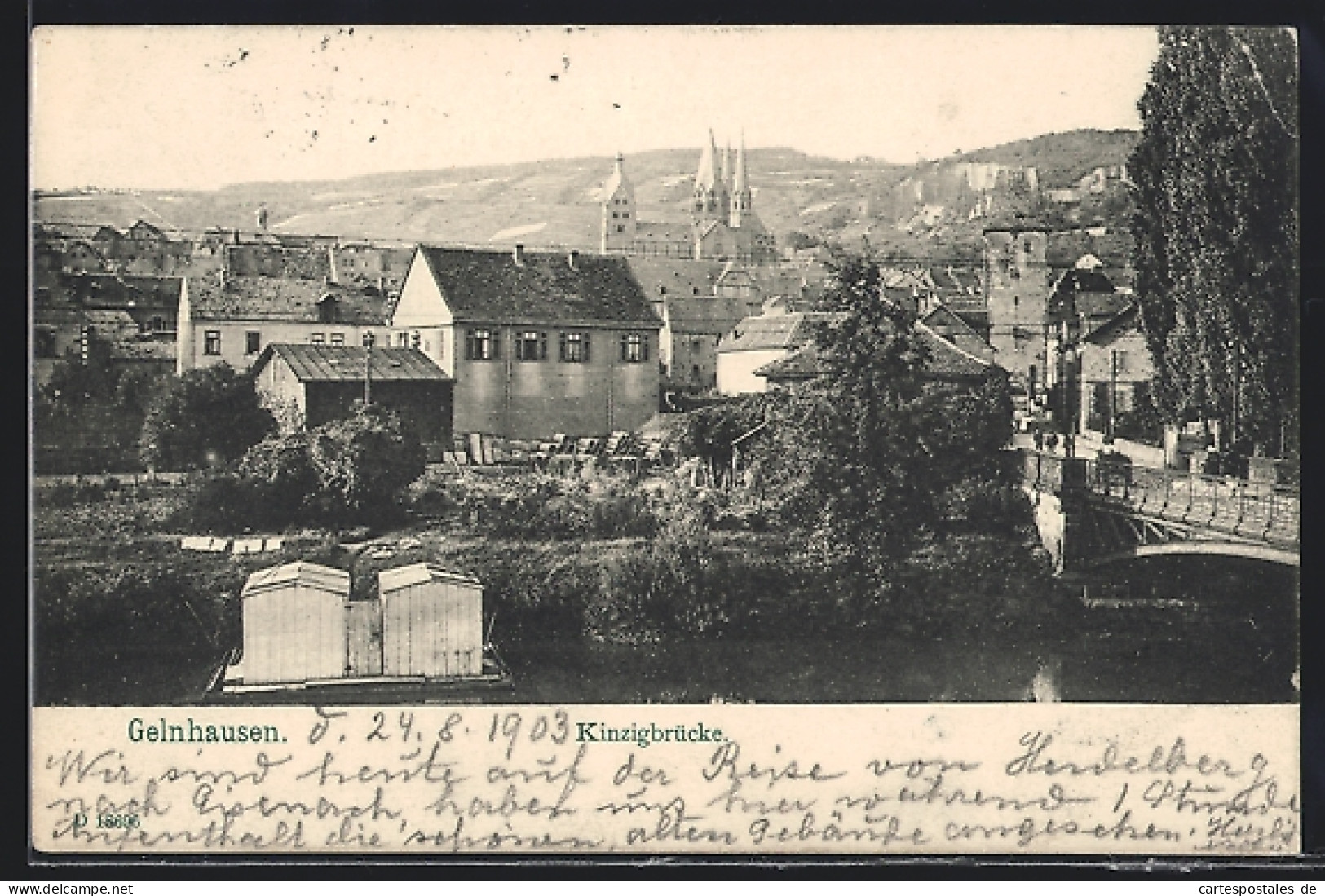 AK Gelnhausen, Kinzigbrücke, Im Hintergrund Kirche  - Gelnhausen