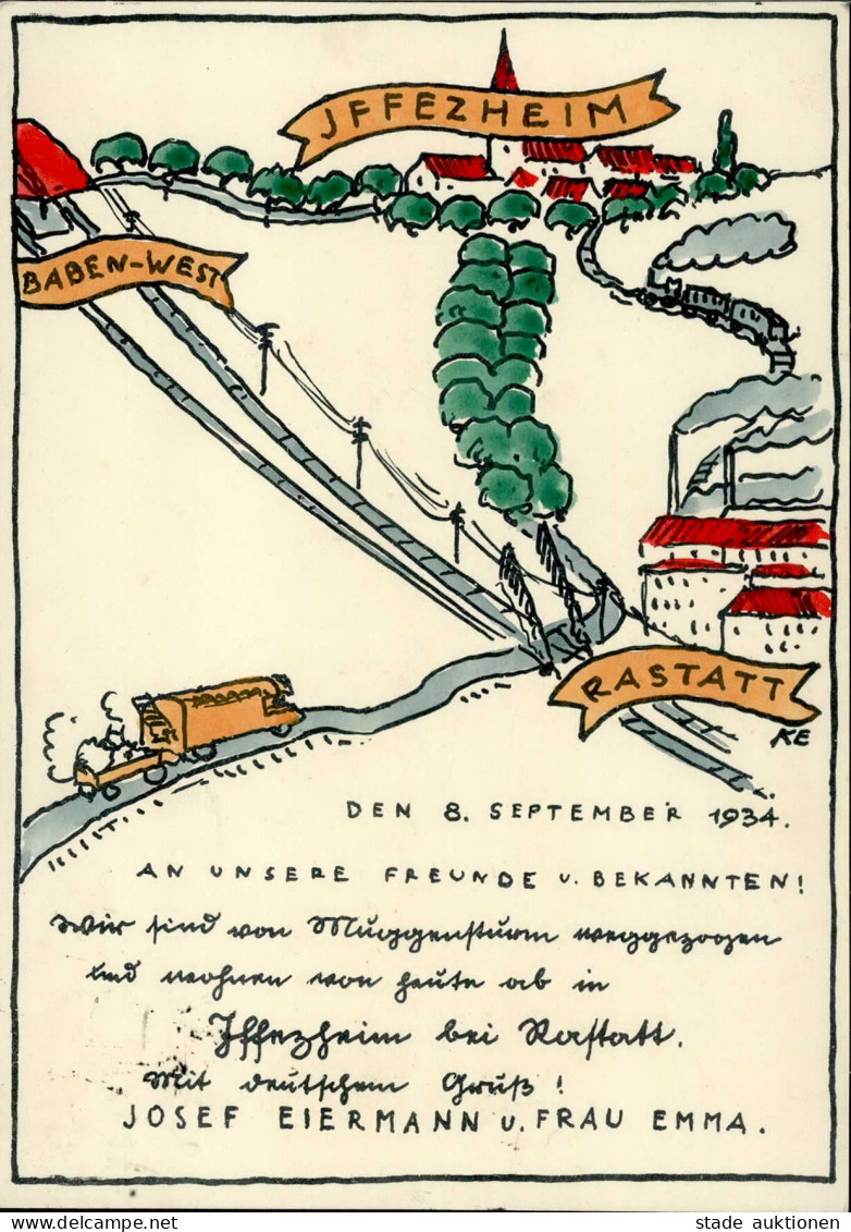 Rastatt (7550) Landkarte Eisenbahn Künstlerkarte 1934 II (Bug) Chemin De Fer - Karlsruhe