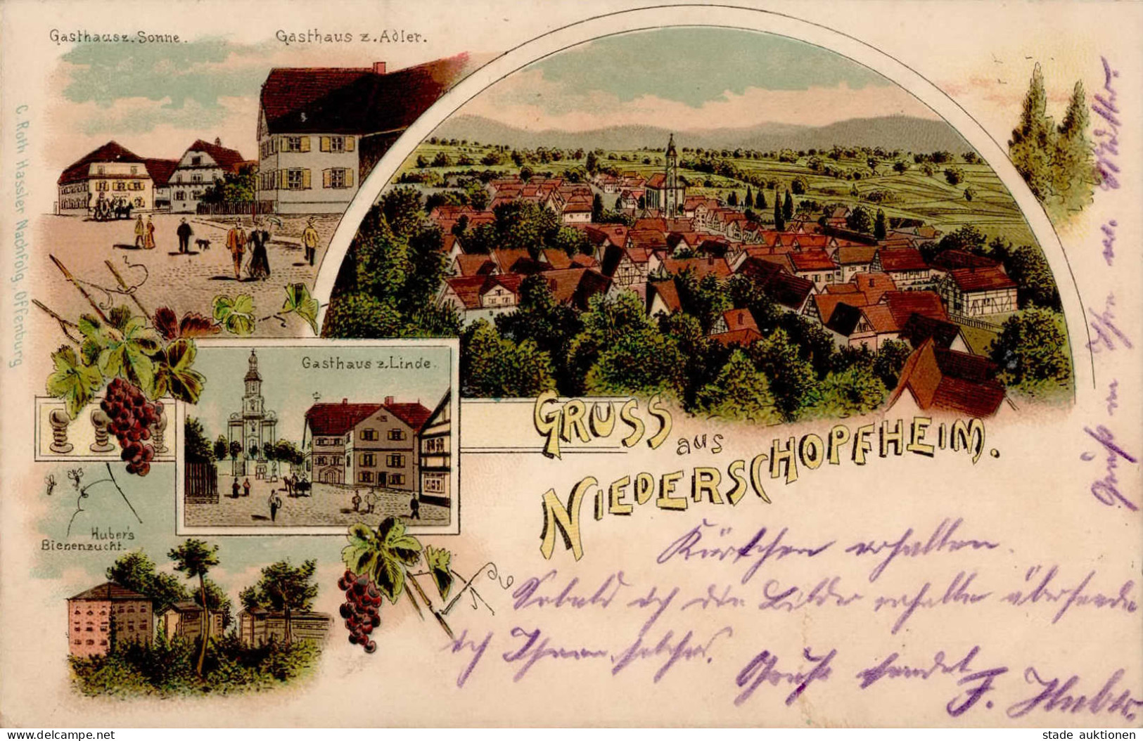 Niederschopfheim (7609) Gasthaus Zur Linde Gasthaus Zum Adler Gasthaus Zur Sonne Hubers Bienenzucht 1902 I- - Karlsruhe