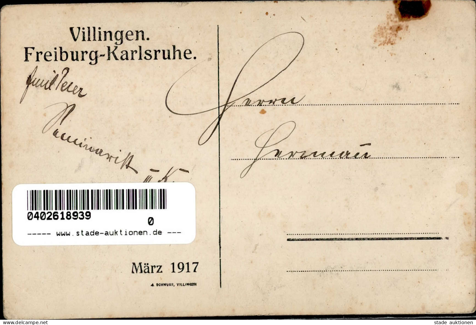 Villingen-Schwenningen (7730) Studentika 1917 II (Stauchung, Ecken Abgestoßen) - Karlsruhe