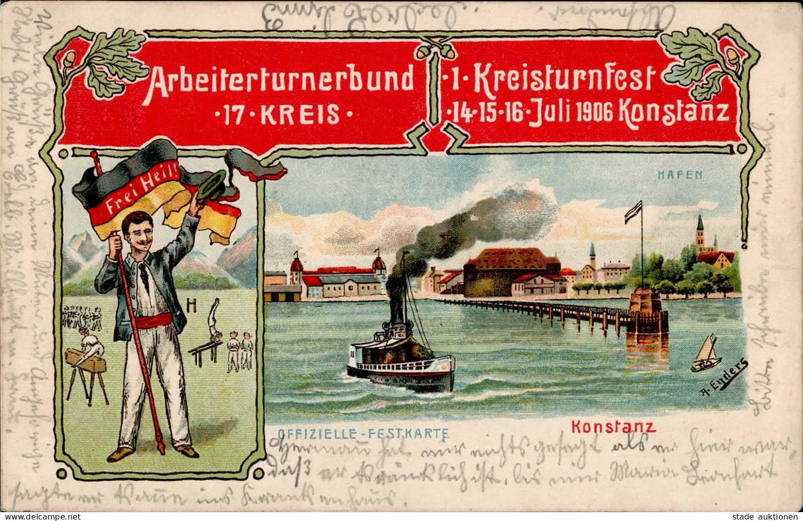 Konstanz (7750) 1. Kreisturnfest Des Arbeiterturnbundes 14. Bis 16. Juli 1906 Hafen Sign. A. Enders II (kleine Stauchung - Konstanz