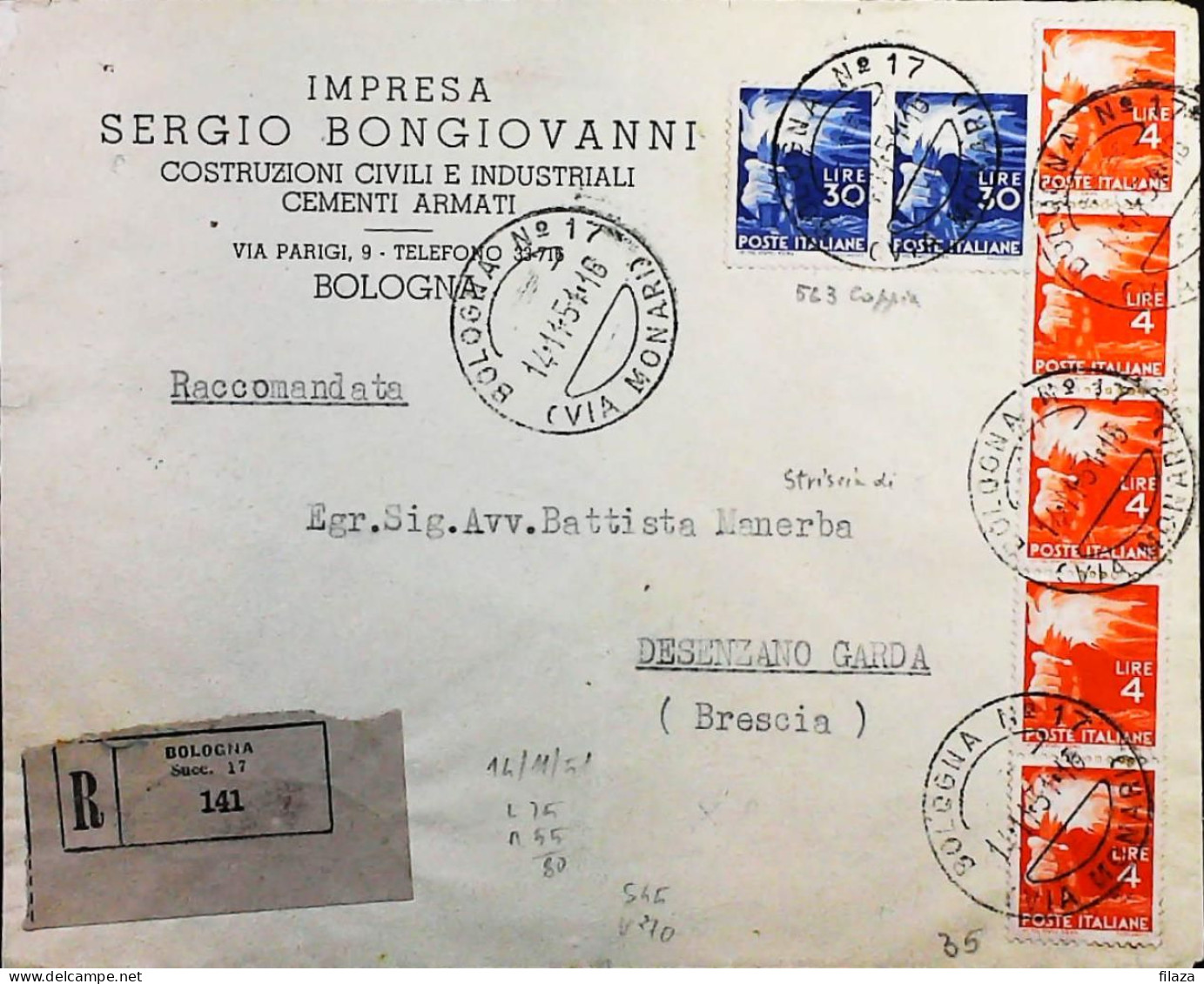 Italy - Repubblica - Democratica Raccomandata Da Bologna - S7054 - 1946-60: Poststempel