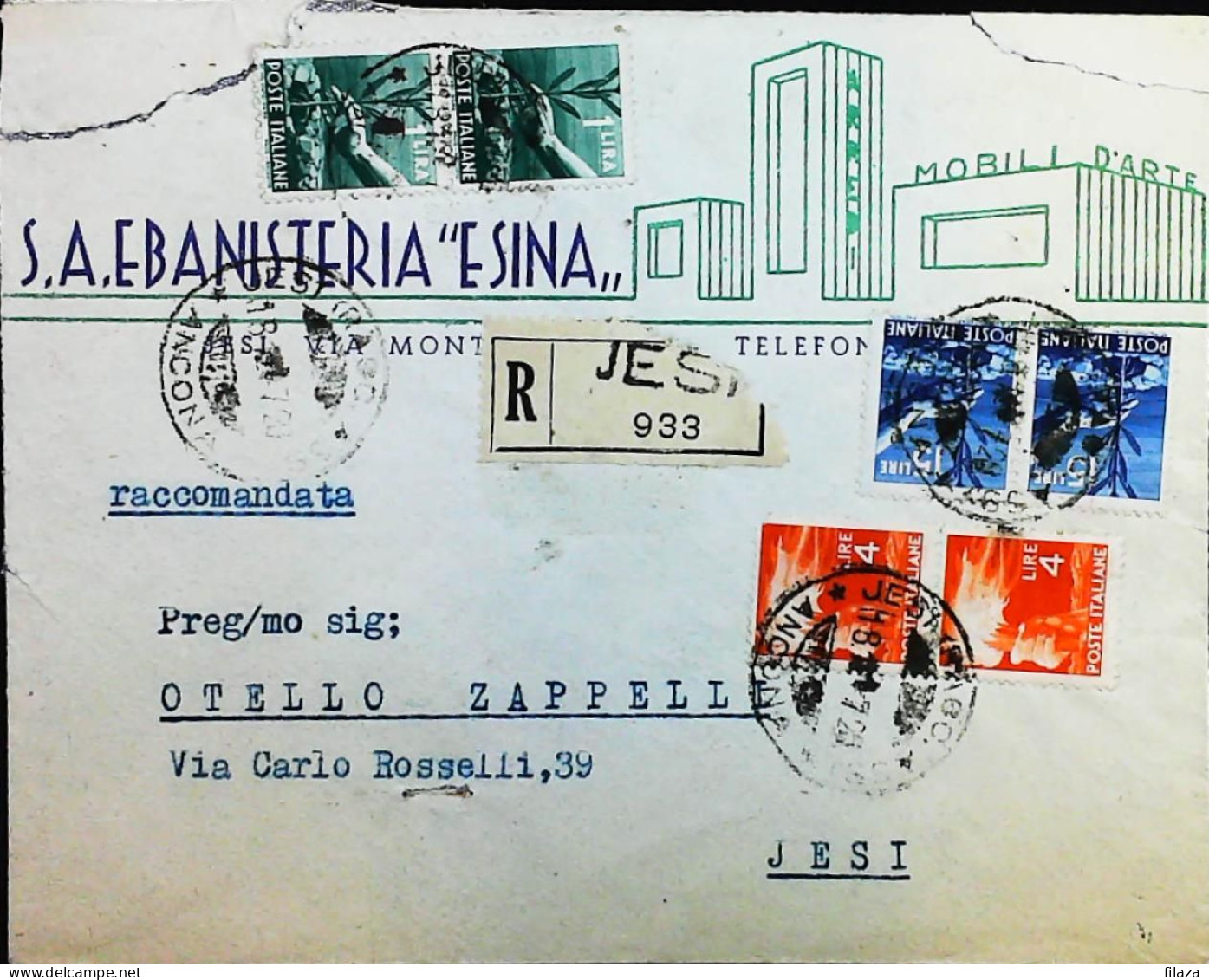 Italy - Repubblica - Democratica Raccomandata Da Jesi - S7070 - 1946-60: Marcophilie