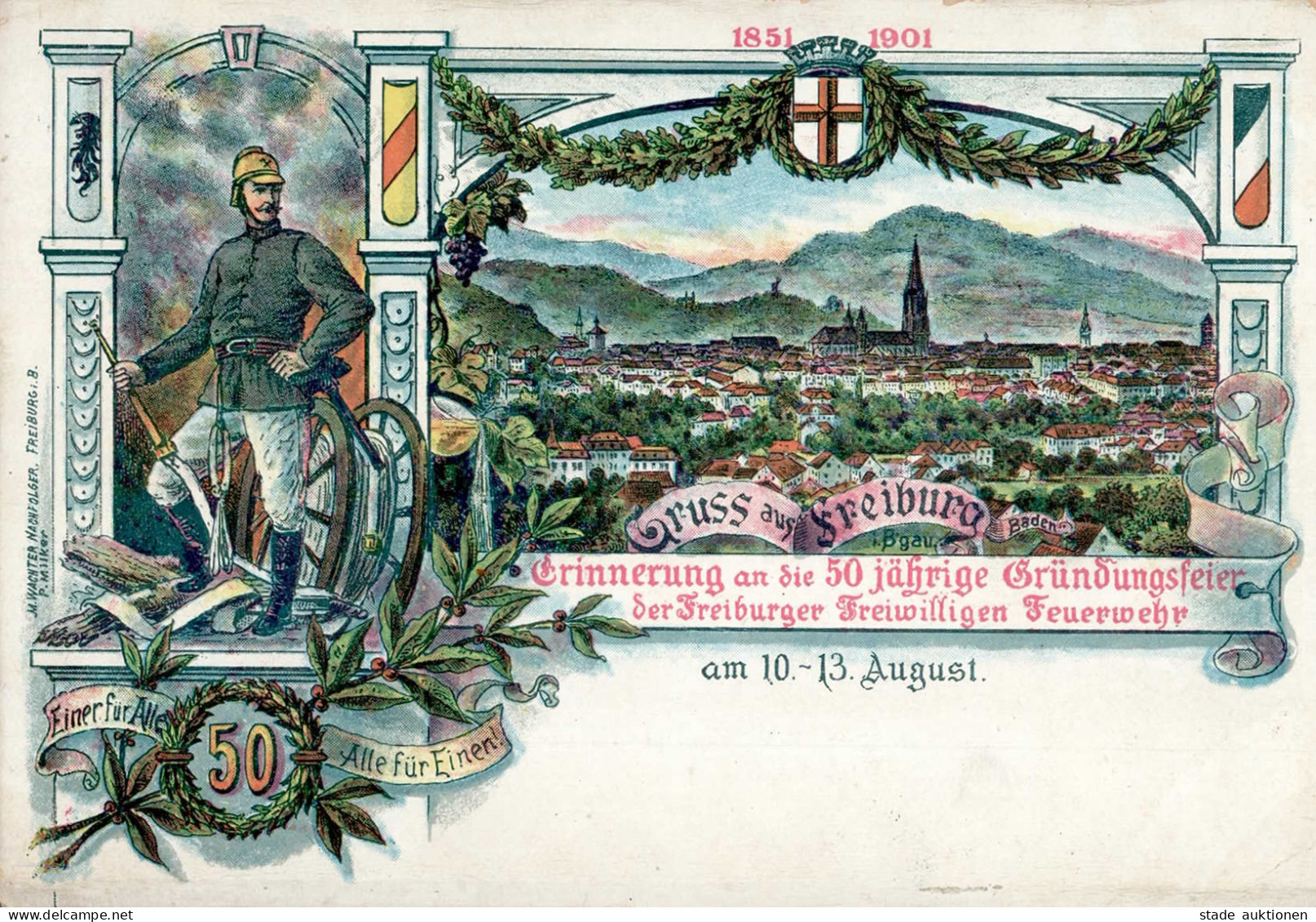 Freiburg Im Breisgau (7800) Gründungsfeier Der Freiwilligen Feuerwehr 1901 II (Eckbug Li. Unten Und Ecken Bestoßen) Pomp - Freiburg I. Br.