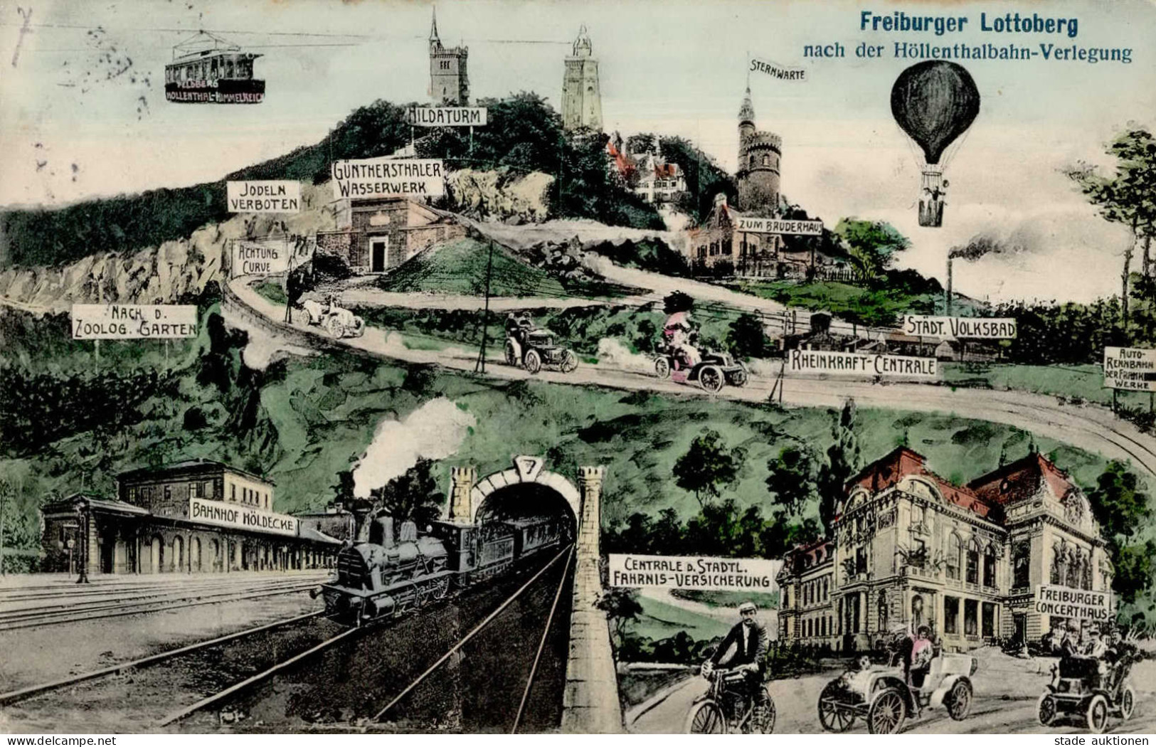 Freiburg Im Breisgau (7800) Zukunfts-AK Eisenbahn Seilbahn Heißluftballon Auto Motorrad 1906 I-II Chemin De Fer - Freiburg I. Br.