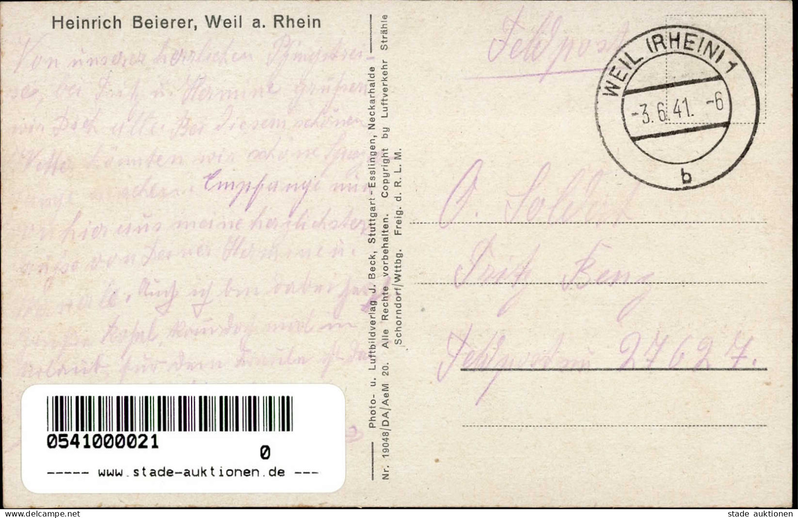 Weil Am Rhein (7858) Fliegeraufnahme 1941 I-II - Loerrach