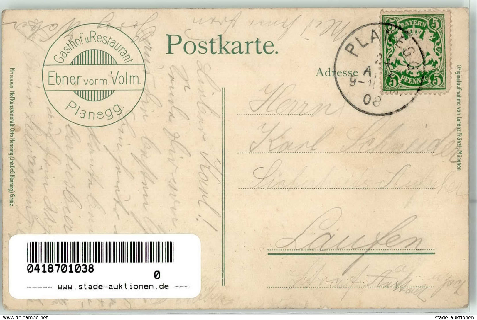 Planegg (8033) Gasthaus Ebner Vorm. Volm 1908 II (Stempeldurchdruck, Stauchung) - Other & Unclassified