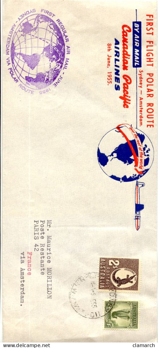 Aérophilatélie-First Regular By Air Mail Canadian Pacific-June1955-SYDNEY-AMSTERDAM Via Polar Route-cachet De Sydney Du - Erst- U. Sonderflugbriefe