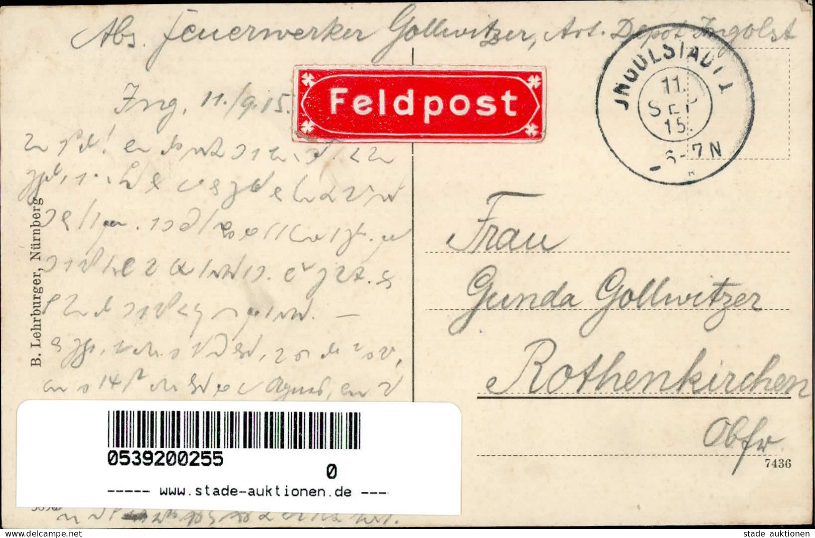 Ingolstadt (8070) Militär Gelaufen Als Feldpost 1915 I- - Other & Unclassified