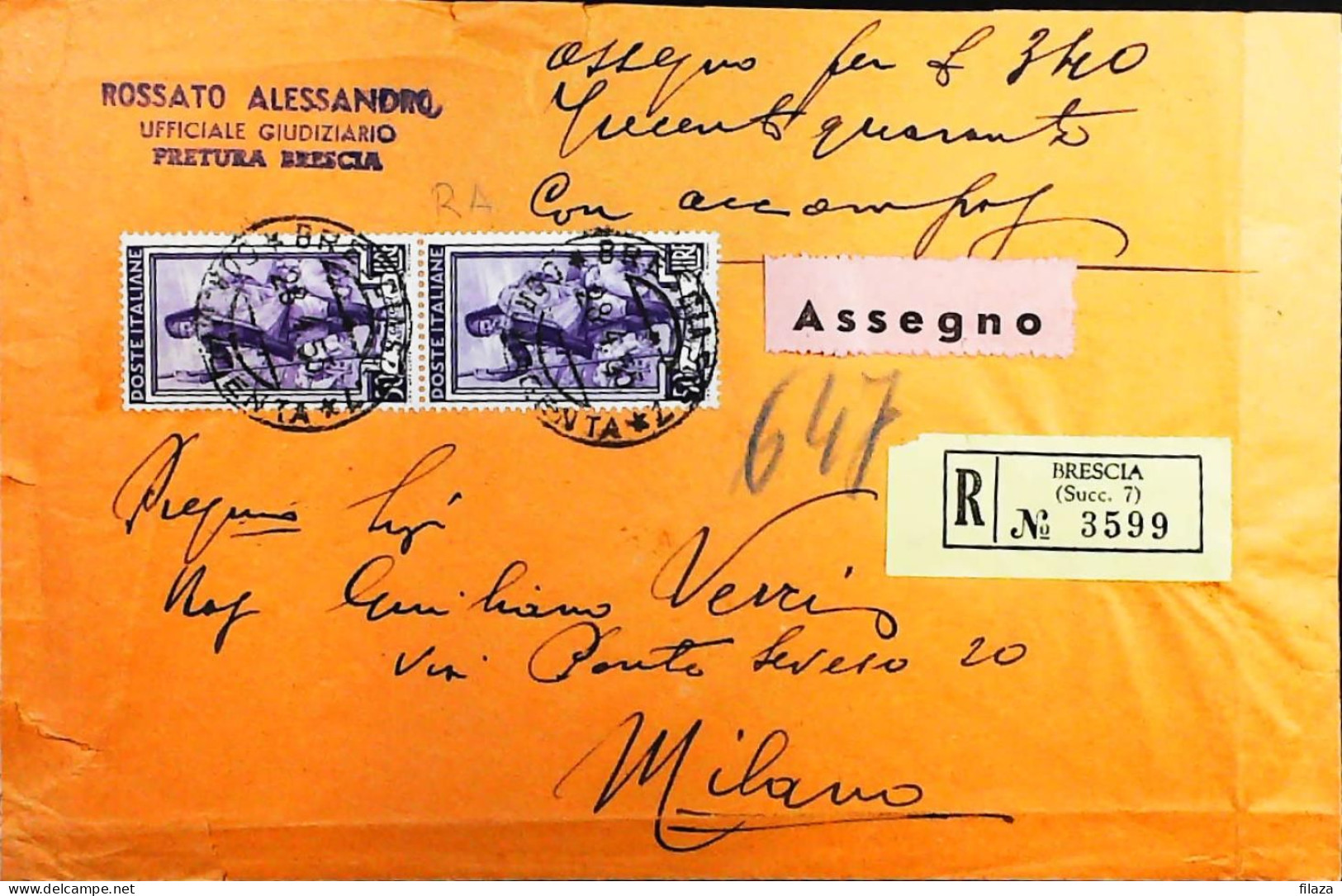 Italy - Repubblica - Italia Al Lavoro Raccomandata Da Brescia - S7314 - 1946-60: Storia Postale