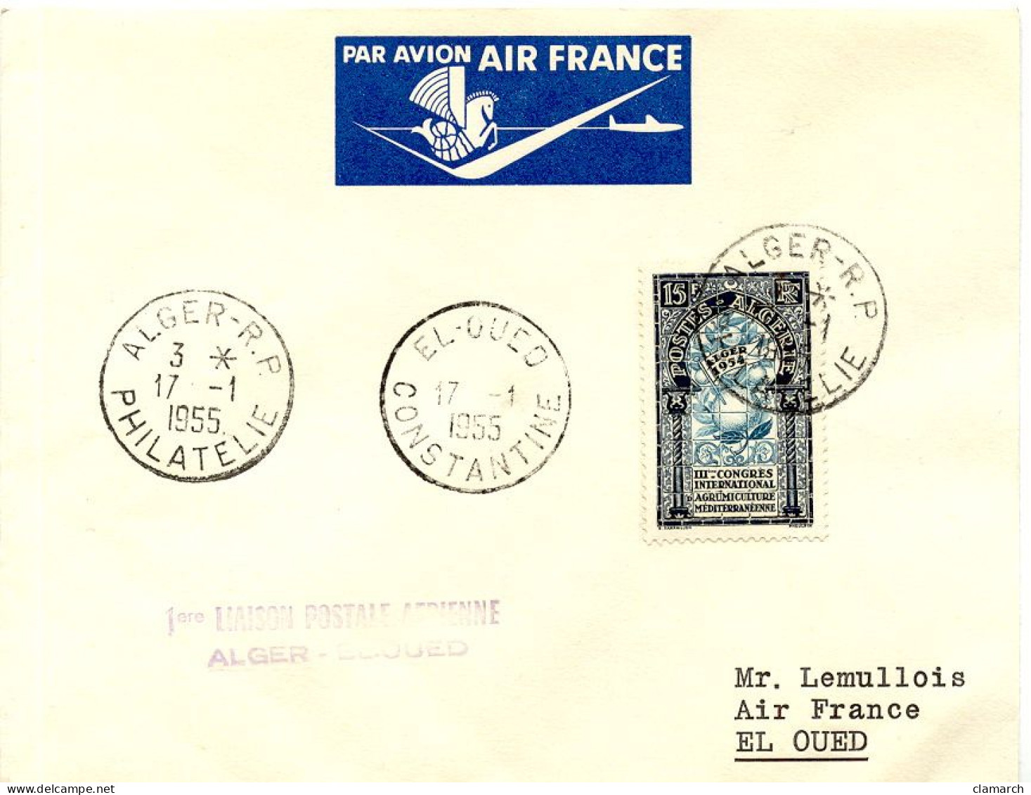 Aérophilatélie-1ère Liaison Postale Aérienne ALGER-EL OUED-cachet D'Alger Du 17.01.55 - Premiers Vols