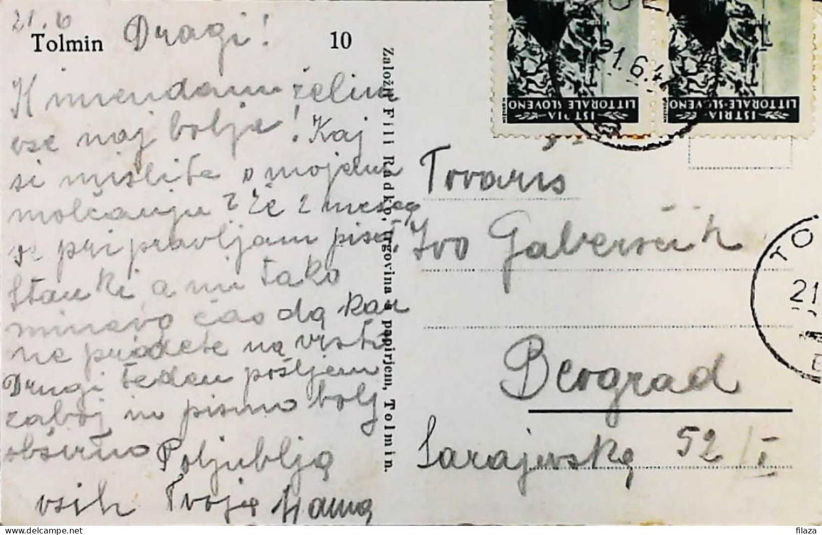 ITALIA - OCCUPAZIONI- ISTRIA E LITORALE SLOVENO 1946 Cartolina TOLMIN - S6341 - Occup. Iugoslava: Istria