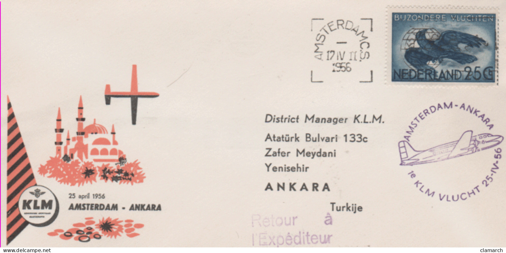 Aérophilatélie-1e KLM  Vlucht 25.IV.56 AMSTERDAM-ANKARA-cachet D'Ankara Du 17.04.56 - Eerste Vluchten