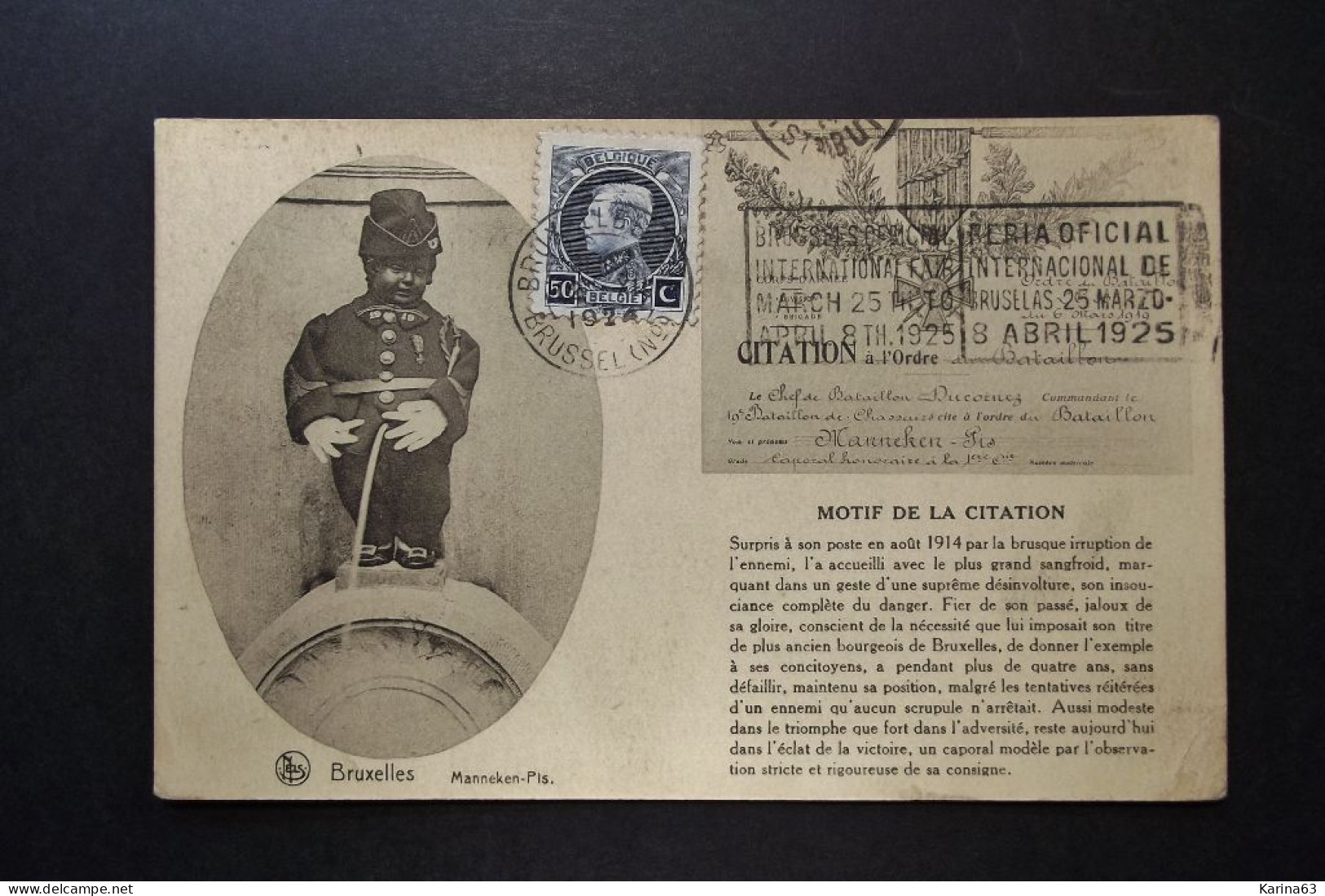 België - Belgique - CPA  - Brussel  Bruxelles - Manneken Pis - Citation à L' Ordre  - Used Card Brussel Vers Paris 1924 - Personnages Célèbres