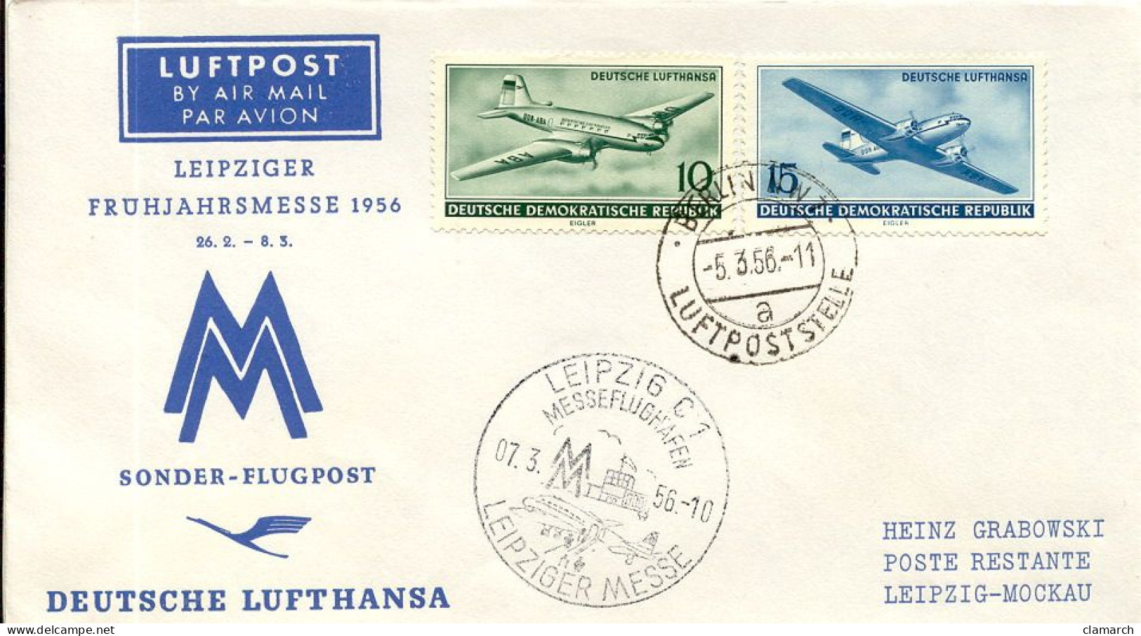 Aérophilatélie-LEIPZIGER FRUHJAHRSMESSE 1956 Par Deutsche Lufthansa-cachet De Berlin Du 5.03.56 - Eerste Vluchten