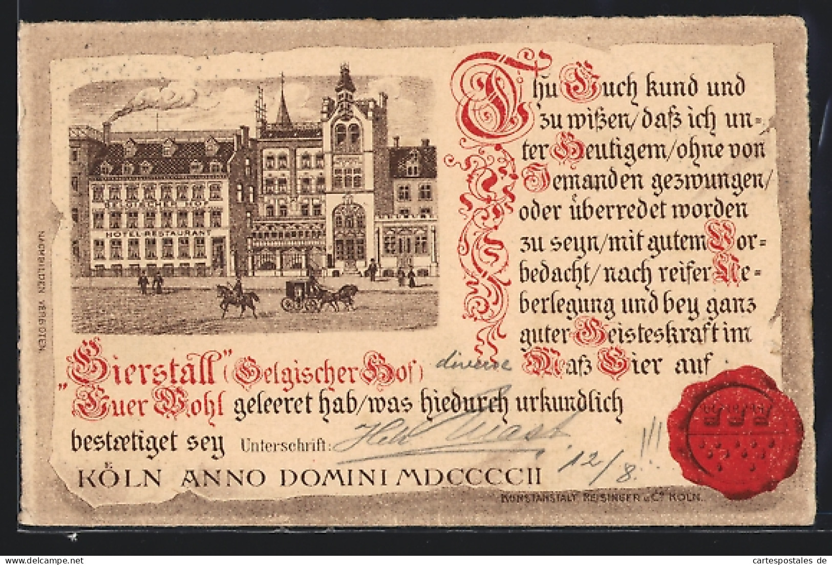 Lithographie Köln, Gasthaus Bierstall / Belgischer Hof, Urkunde Mit Siegel  - Köln