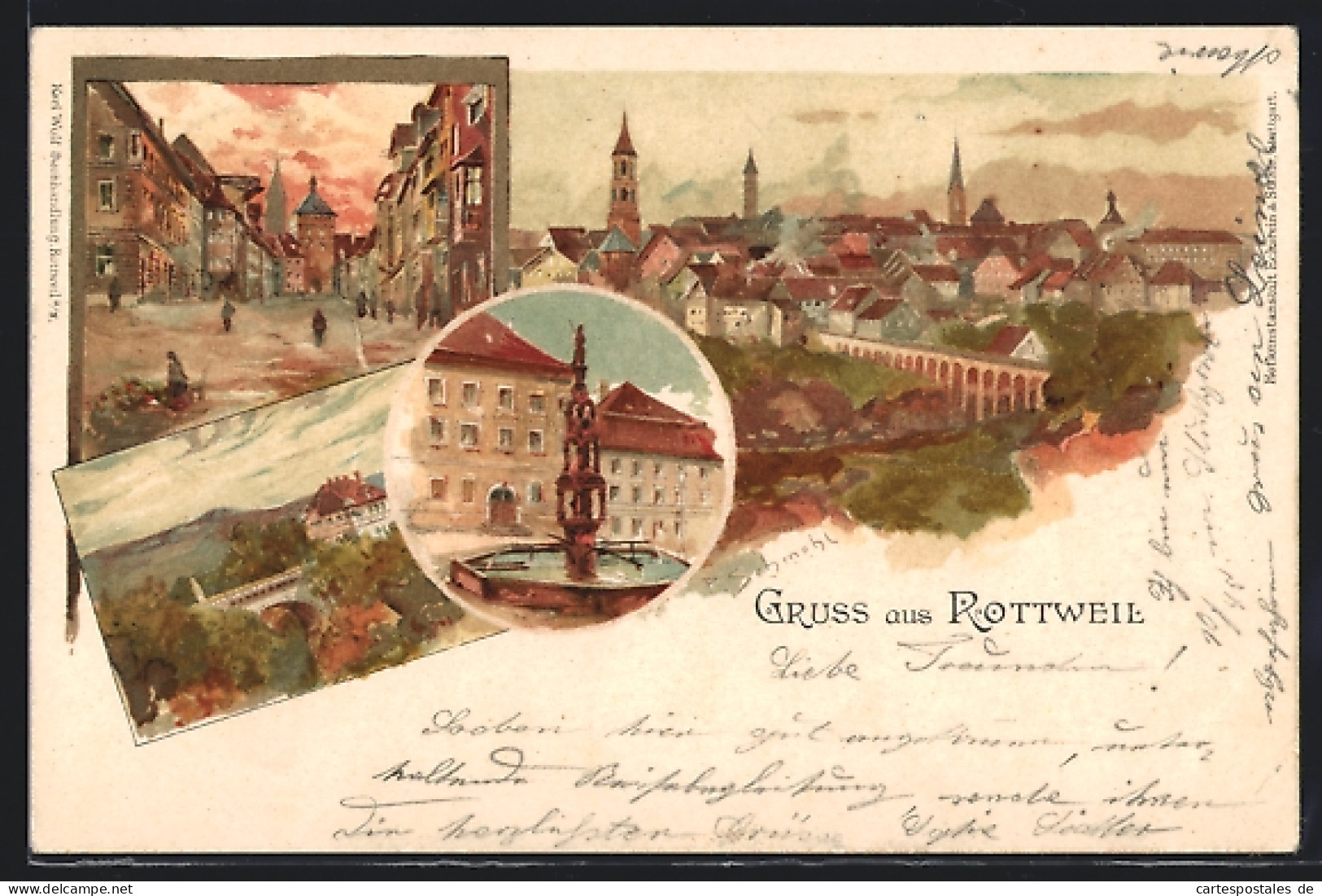 Lithographie Rottweil, Strassenpartie, Brücke, Brunnen  - Rottweil