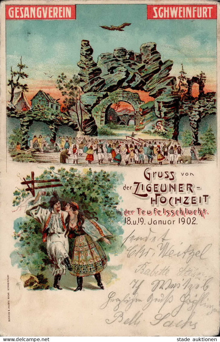 Schweinfurt (8720) Gruss Von Der Zigeuner-Hochzeit Der Teufelsschlucht 18. Bis 19. Januar 1902 II (Stauchungen, Ecken Ab - Schweinfurt