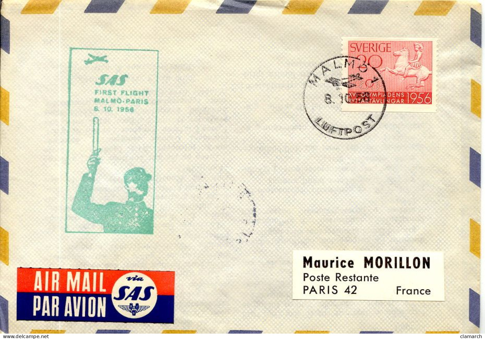 Aérophilatélie-SAS First Flight MALMO-PARIS 8.10.1956-cachet De Malmo Du 8.10.56 - Primeros Vuelos