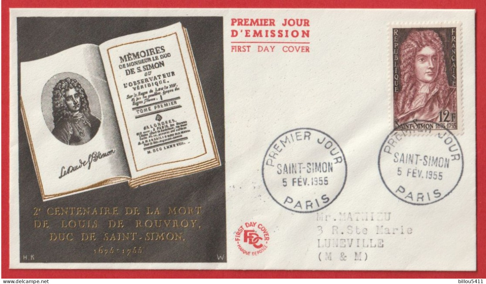 FDC - Premier Jour - SAINT SIMON - Fev 1955 - PARIS - 1950-1959