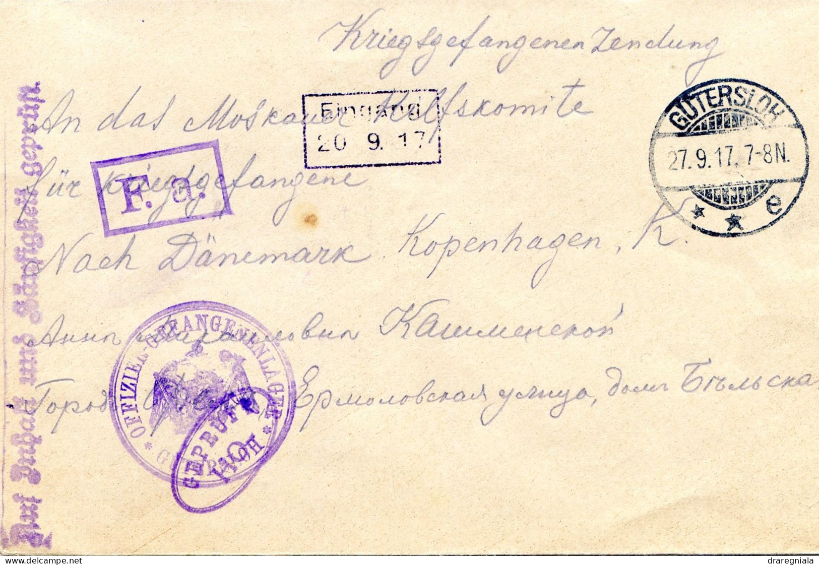 Cachet Camp Des Prisonniers - Fangelejr -  Gutersloh 1917 - Kopenhagen - Krigsfangeforsendelse - Lettres & Documents