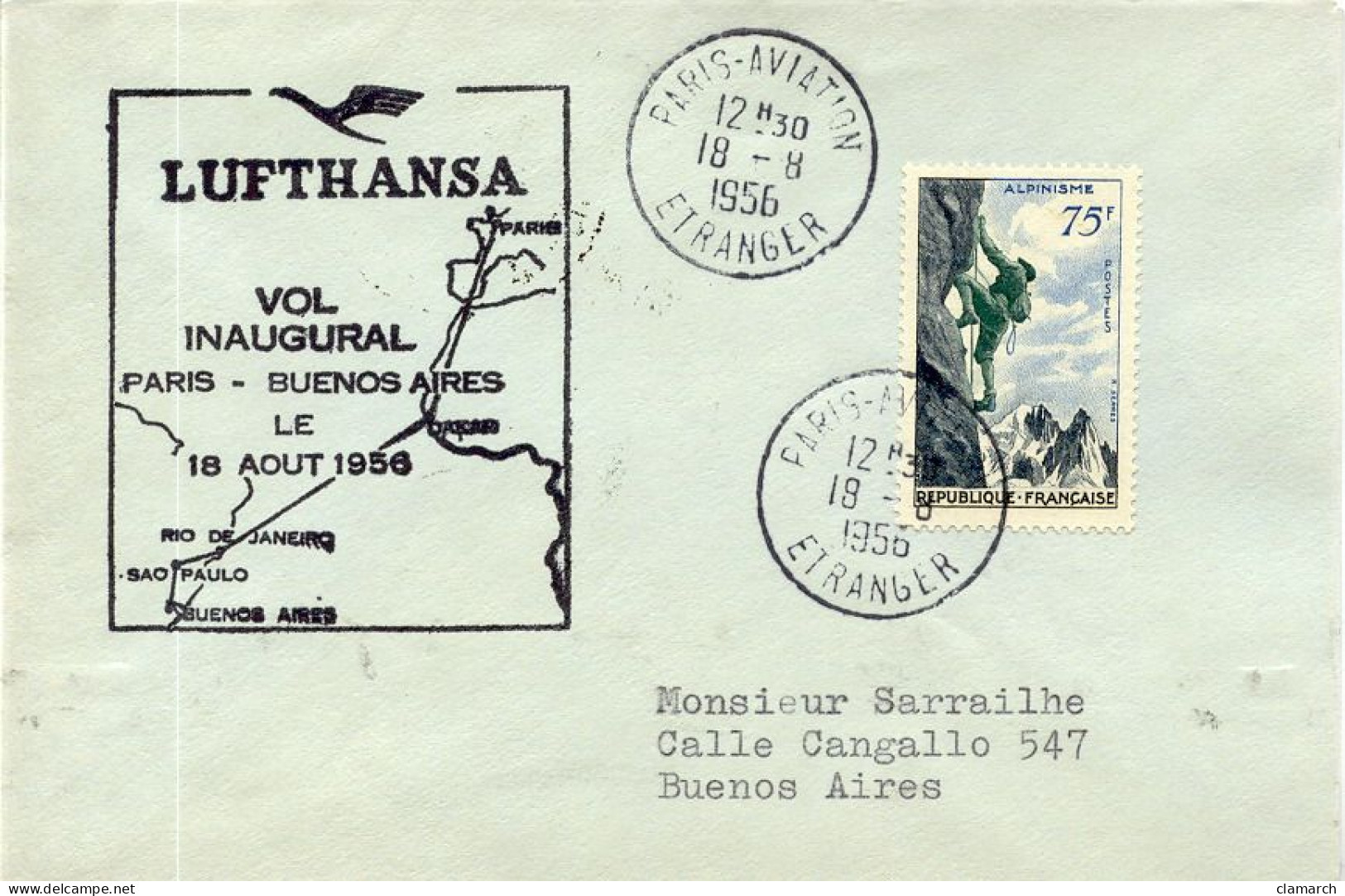 Aérophilatélie-Vol Inaugural Par Lufthansa PARIS-BUENOS AIRES Le 8 Aout 1956-cachet De Paris Du 18.08.56 - Primeros Vuelos